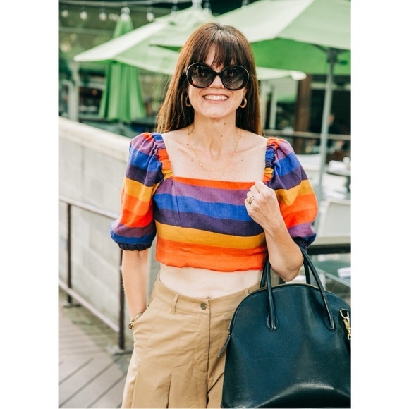 FARM RIO Linen Rainbow Striped Square Neck Smocked Puff Short Sleeve Crop Top XS - Picture 12 of 13